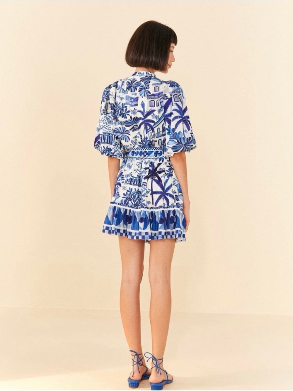 Farm Rio Sweet Rio Puff Dress, Blue & White, Size Medium, Tropical, Resortwear - Picture 3 of 9